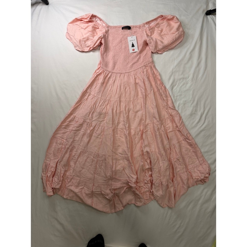 ZESICA Pink Smocked Tiered Puff Sleeve Midi Dress Womens Sz Medium NWT Bohemian